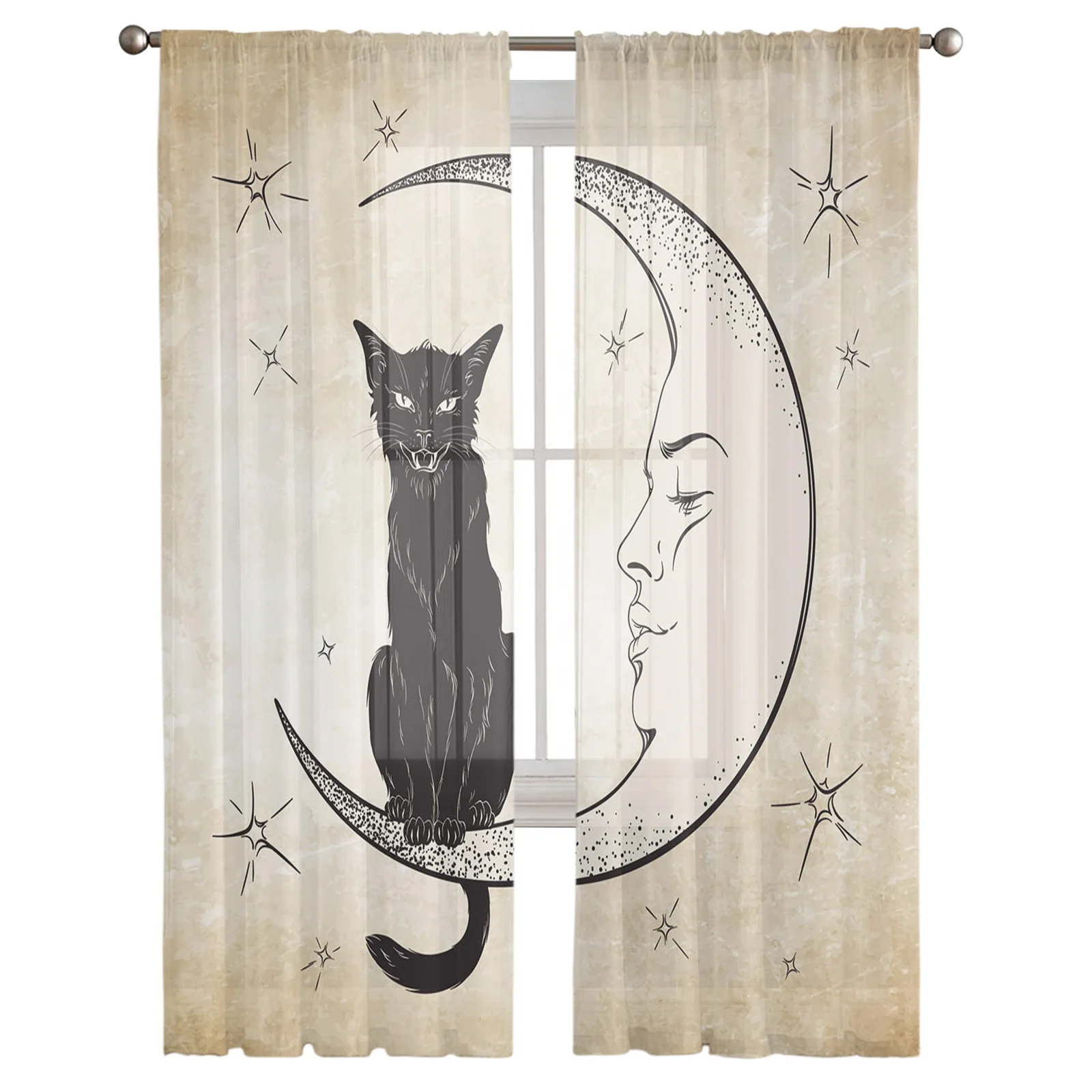 Cat Moon Star Retro Bedroom Voile Tulle Curtains Hotel Home Decor Sheer Curtains for Living Room Chiffon Printed Drapes