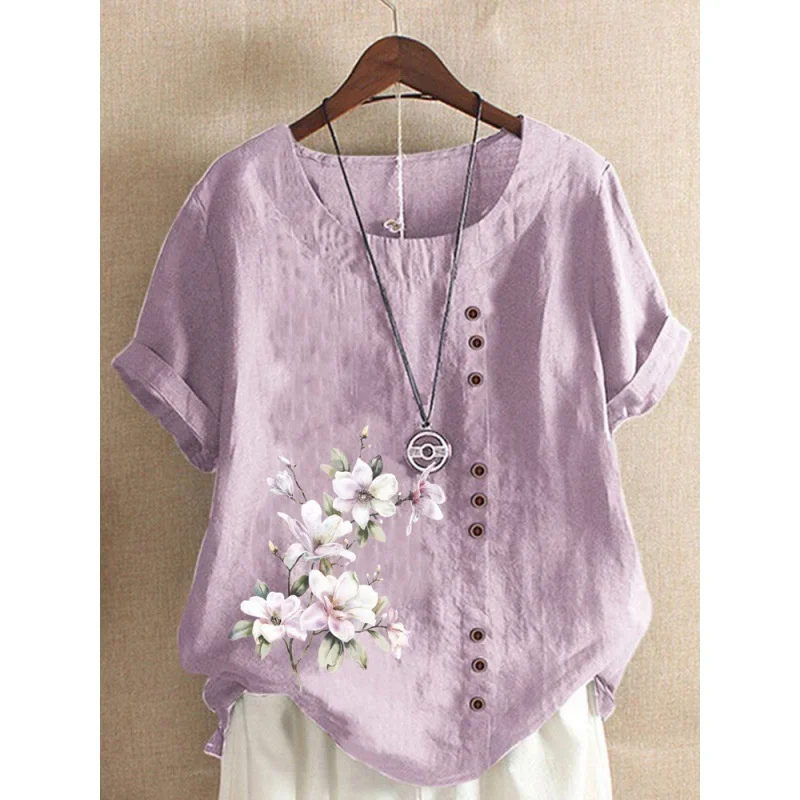 Elegant Comfortable Cotton Linen T-Shirt Women New Single-breasted Splicing Decoration Tops Female Casual Flower Print Tees 2024