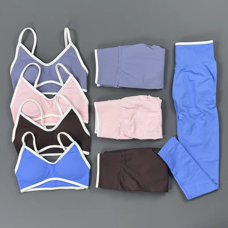 2 Pieces Gym Set Women Crisscross Back Strap Bra Top High‑Rise Crossover Waist Shorts Stretchy Exercise Errands Daily Activewear