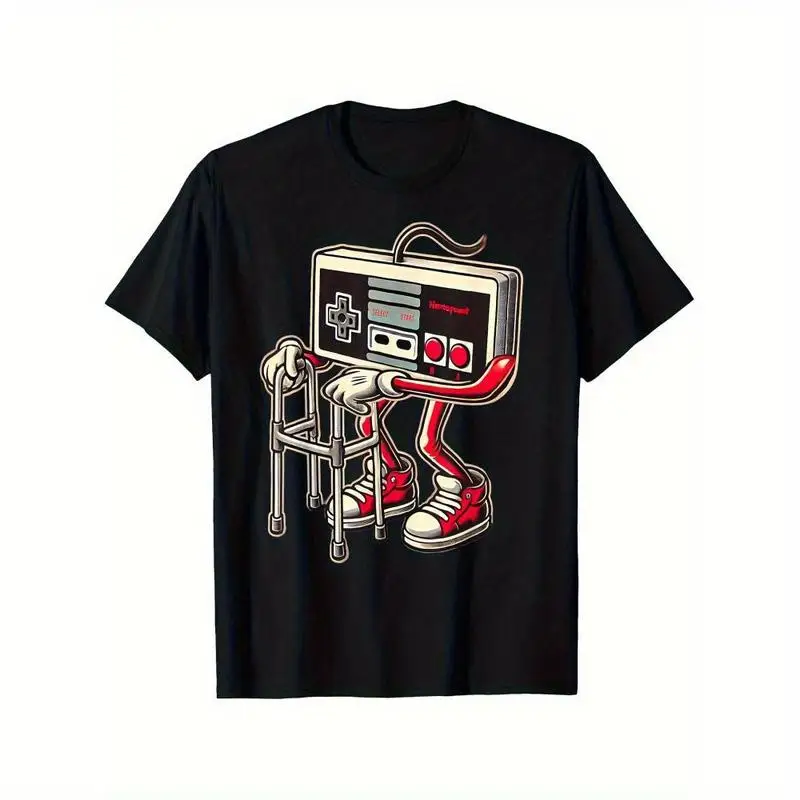 

100% Cotton Men'S And Boys Retro Gaming Pattern T-Shirt - Fun Old Video Game Console Design, Black Casual T-Shirt With Red Sneak