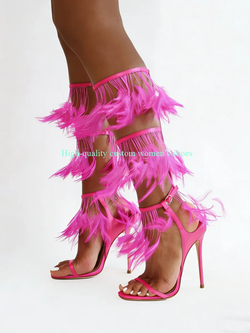 

Red Tassels Ostrich Feather Decoration Pointed Toe Women's High Heels Ankle Bandage Summer High-Quality Luxury Sandals