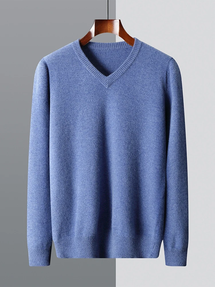 

Thick Men's 100% Merino Wool Cashmere V-neck Sweater Pullover Smart Casual Basic Long Sleeve Knitwear Clothes Tops Autumn Winter