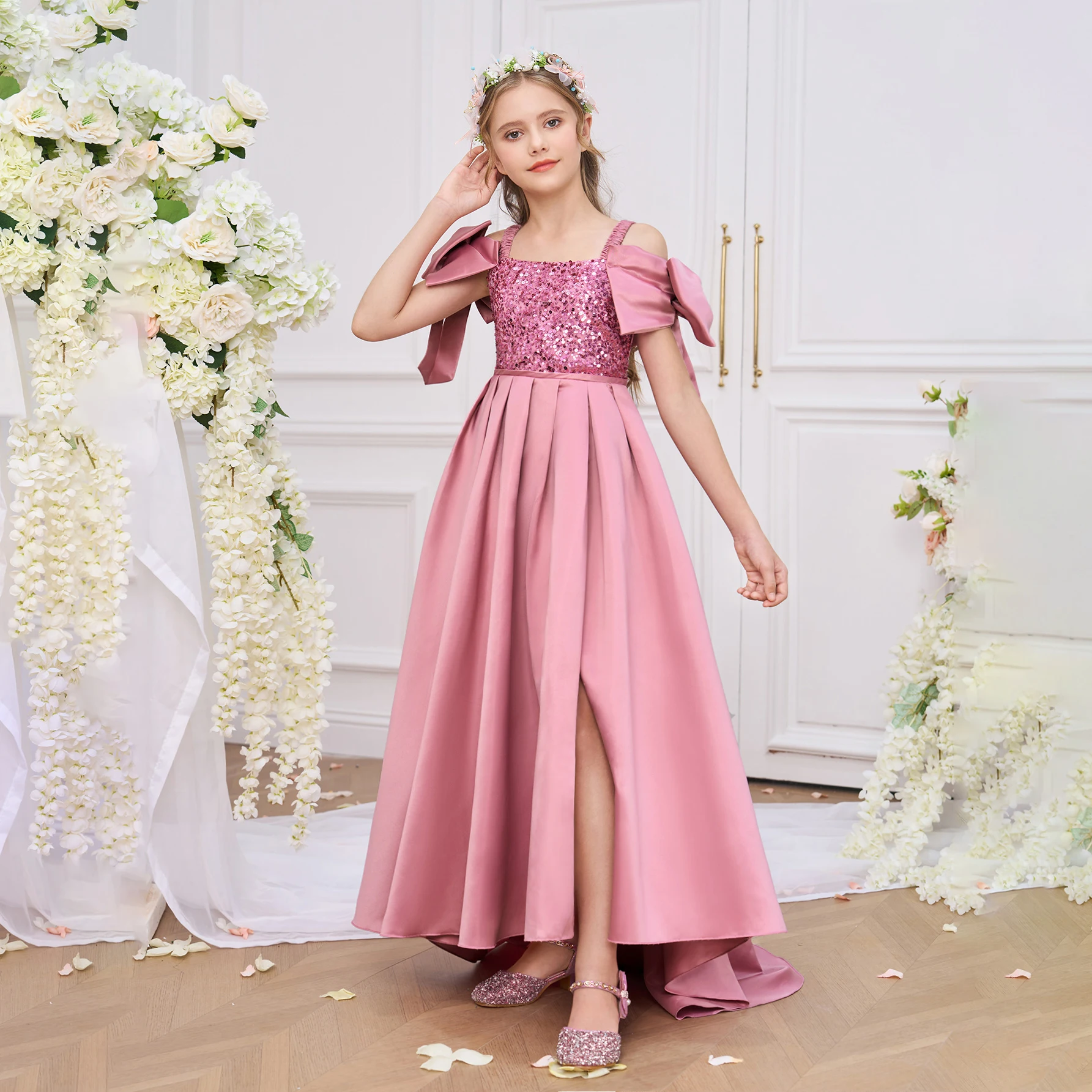 

Big Bow Bridesmaid Girls Dress Elegant Sequin Pink Wedding Princess Evening Prom Gown Long Tailed Baptism Birthday Party Dresses