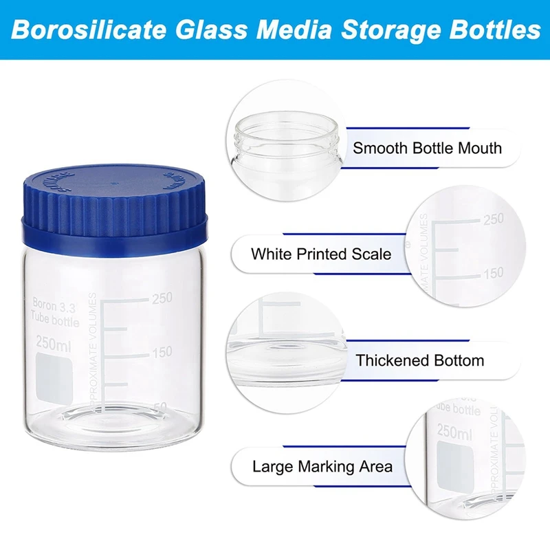 4 Pack Reagent Media Storage Bottles, Borosilicate Glass Wide Mouth Graduated Round Bottles With GL32 Screw Cap