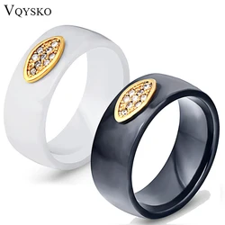 VQYSKO New 8MM Ceramic Ring Cubic Zirconia Stone Black And White Color Women men  Jewelry Engagement Wedding Band Gifts