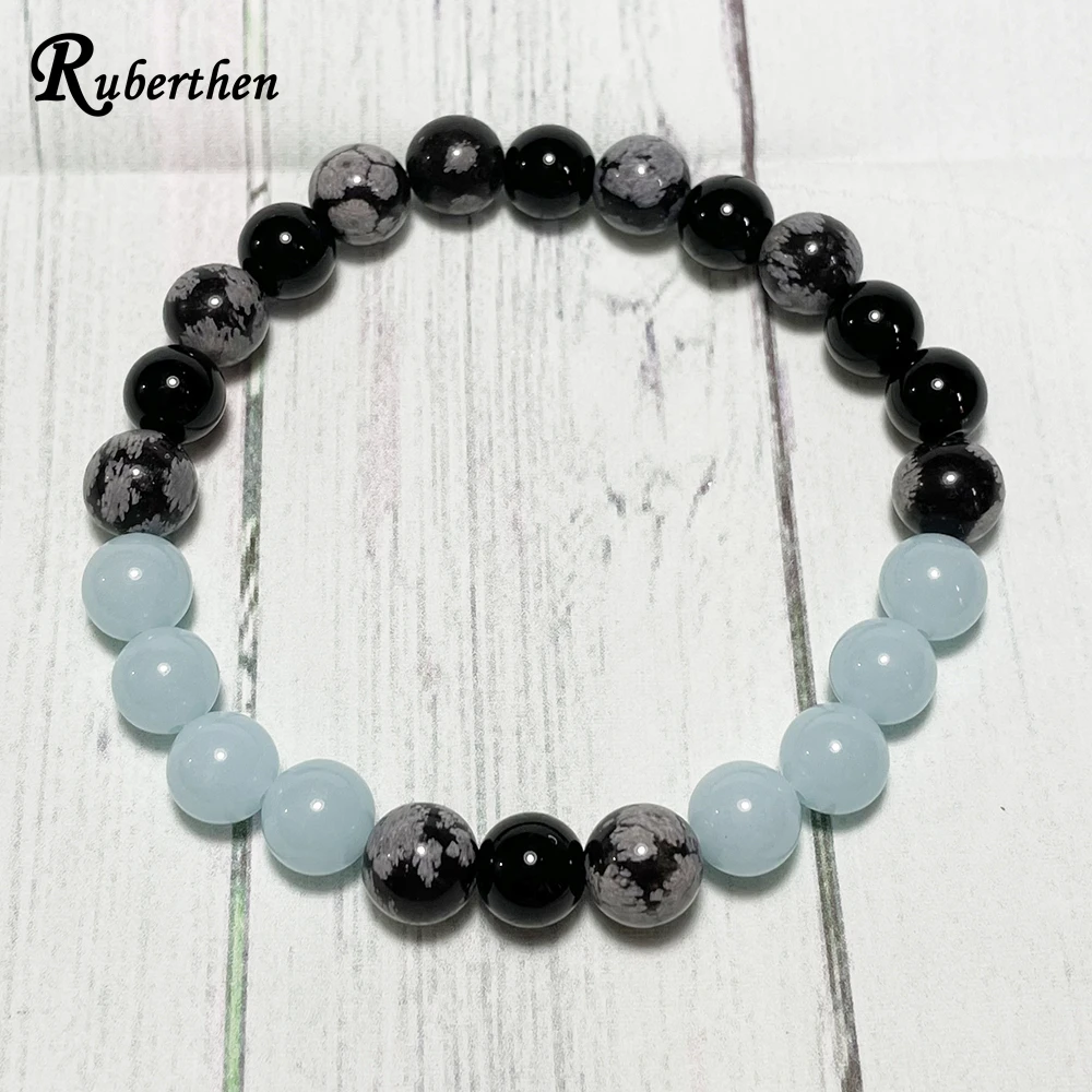 Ruberthen 8 MM Black Tourmaline Snowflake Obsidian Bracelet Mens Natural Aquamarine Handmade Wrist Mala