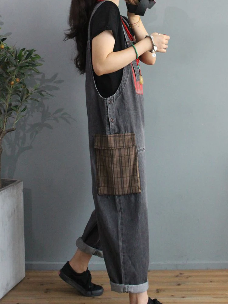 Max LuLu 2024 yeni sonbahar kore moda tasarımcısı bayan ekose Denim pantolon bayanlar baskılı Vintage kot rahat gevşek tulum