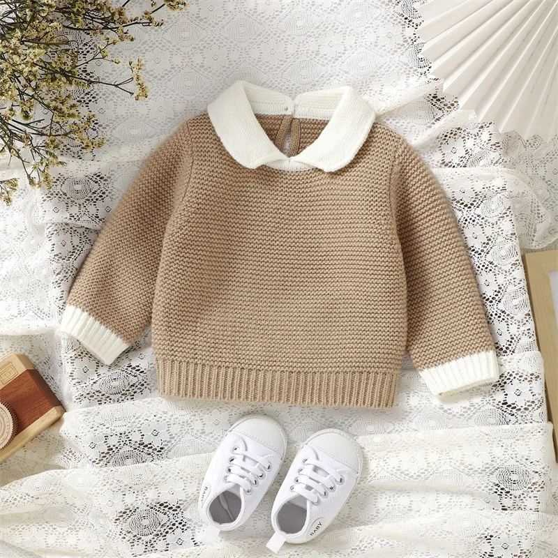 Baby Autumn Winter Xmas Knit Sweaters Long Sleeve Lapel Collar Contrast Color Pullover Infant Fall Tops