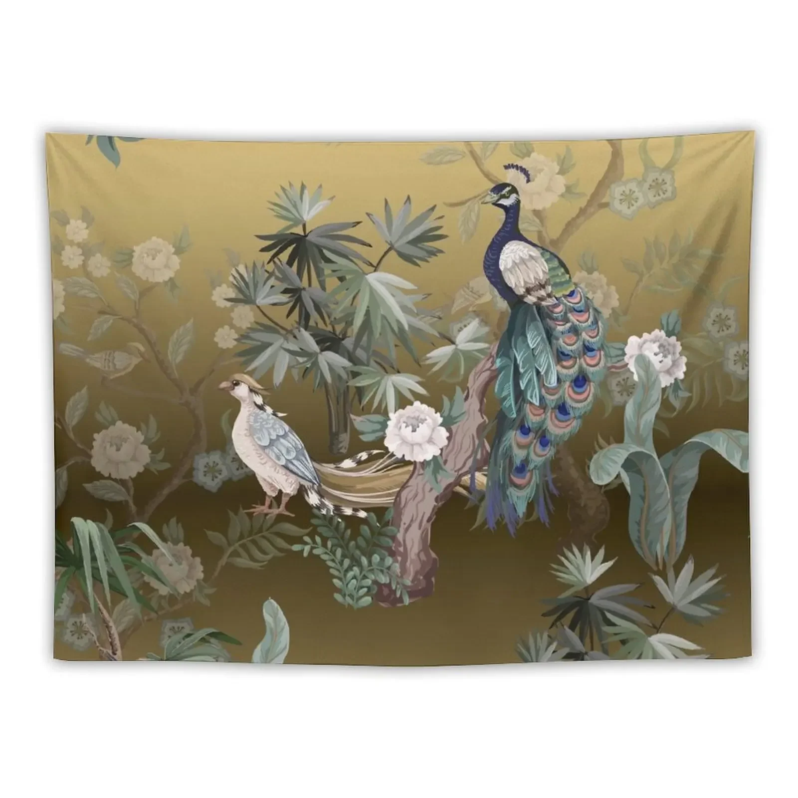 

Fengshui Oriental Chinoiserie - Gold Leaf Garden with Peacock and Quail Tapestry Room Ornaments Japanese Room Decor Tapestry