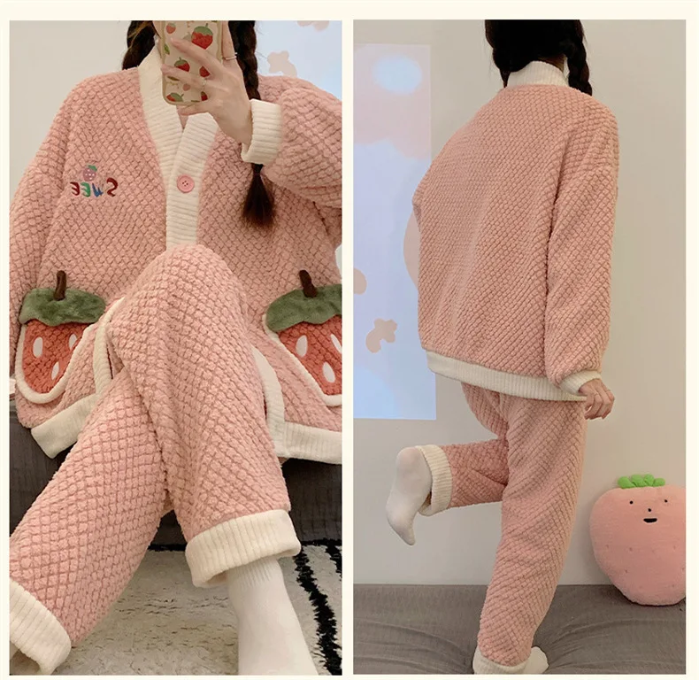 Yasuk Winter Women Girl Casual Warm Soft Hooded Sleepwear Pajamas With Pant Velvet Fleecel Cute Thick Pocket Strawberries Sweet