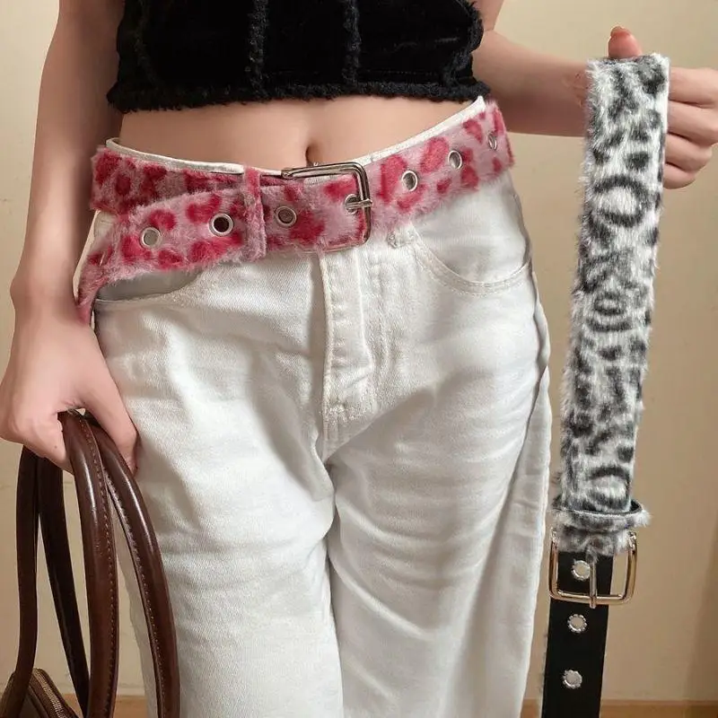 الرجعية الوردي ليوبارد طباعة فو الفراء حزام Y2k رقيق حزام للنساء حزام واسع حار الفتيات الشارع الخصر فاسق حزام خصر #4