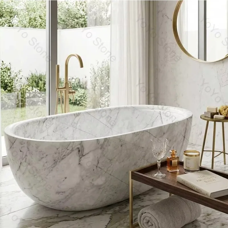 Freestanding Polished Natural Marble Bathtubs Hand Carved Customized White Stone Bathtubs For Home Bathroom Interior Decoration