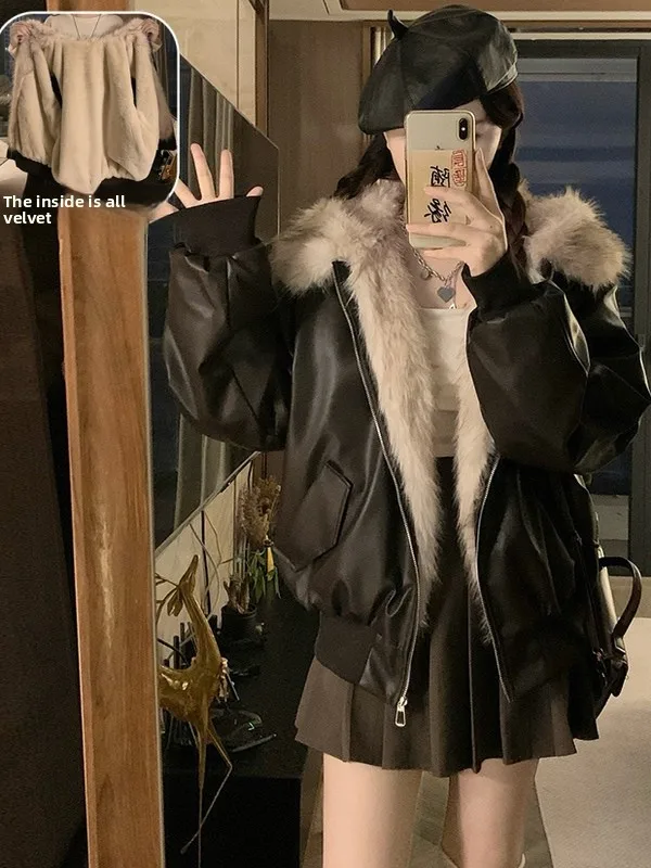 

plus Size Fleece Lined Leather Jacket Women's Spring Thick Warm Hooded Coat Slimming Top Commute Style Long Sleeve Zipper Clo...