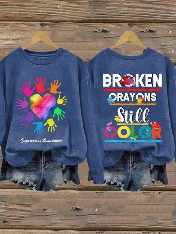 Depression Awareness Broken Crayons Still Color Print Pattern Casual Sweatshirt 3D Printed Women Casual Pullover