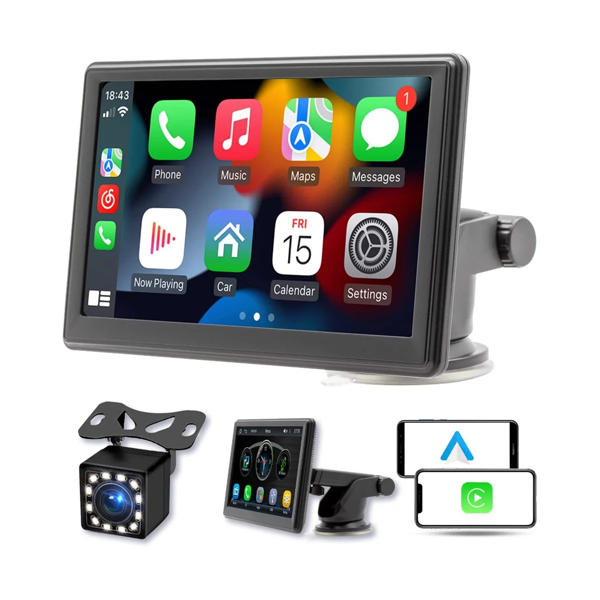 

Portable Wireless Carplay Screen Dash Mount, 7 Inch Touch Screen Car Stereo Bluetooth, FM Car Radio, Rear Camera, USB