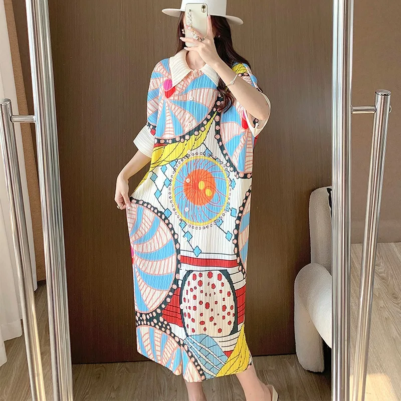 Miyake – robe longue plissée pour femmes, ample, grande taille, imprimé, revers, manches courtes, vêtements extensibles, grande taille, été