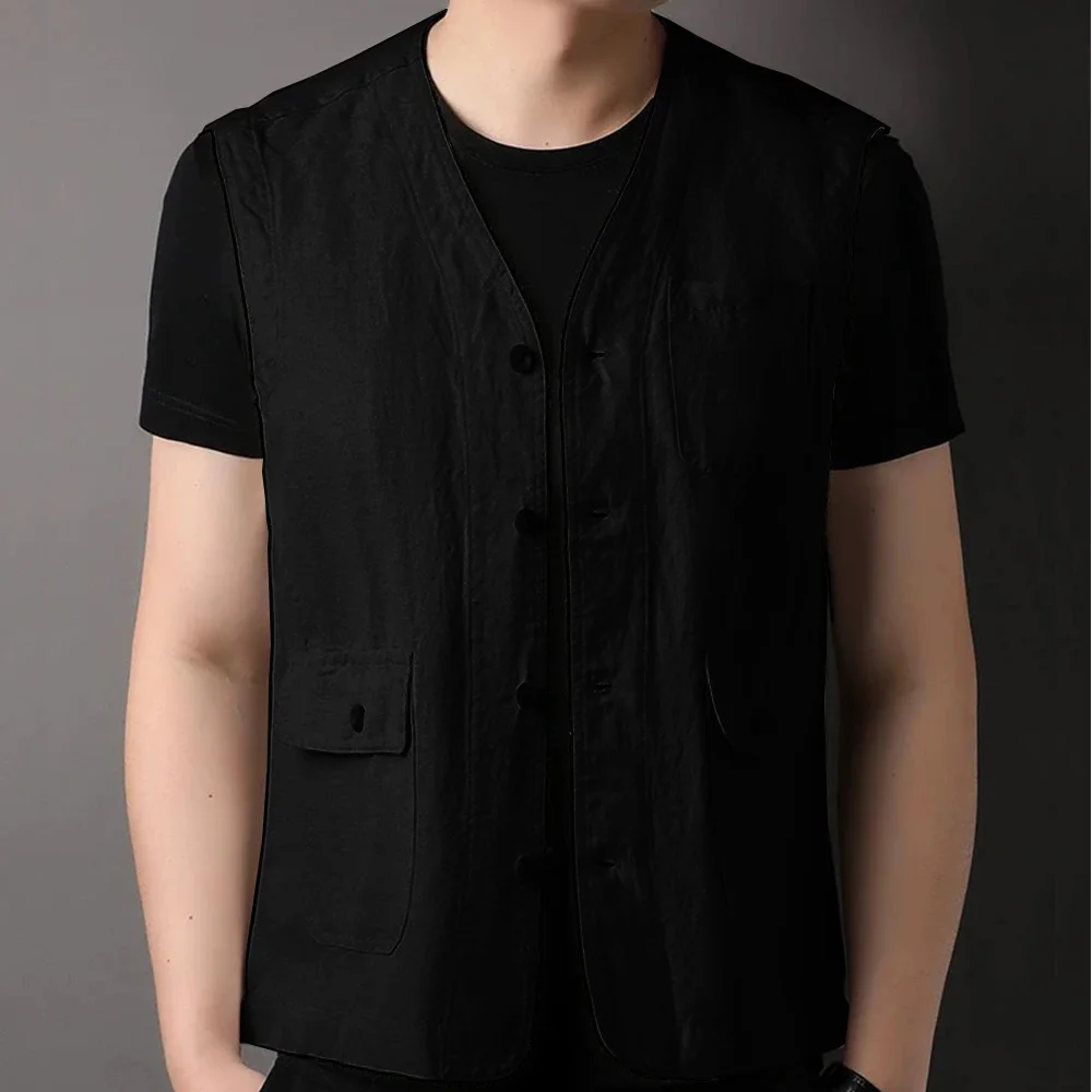 Male Clothes Linen Vests for Men With Pocket Single Breasted Casual Sleeveless Jacket Summer Suits Blazer Men's Clothing