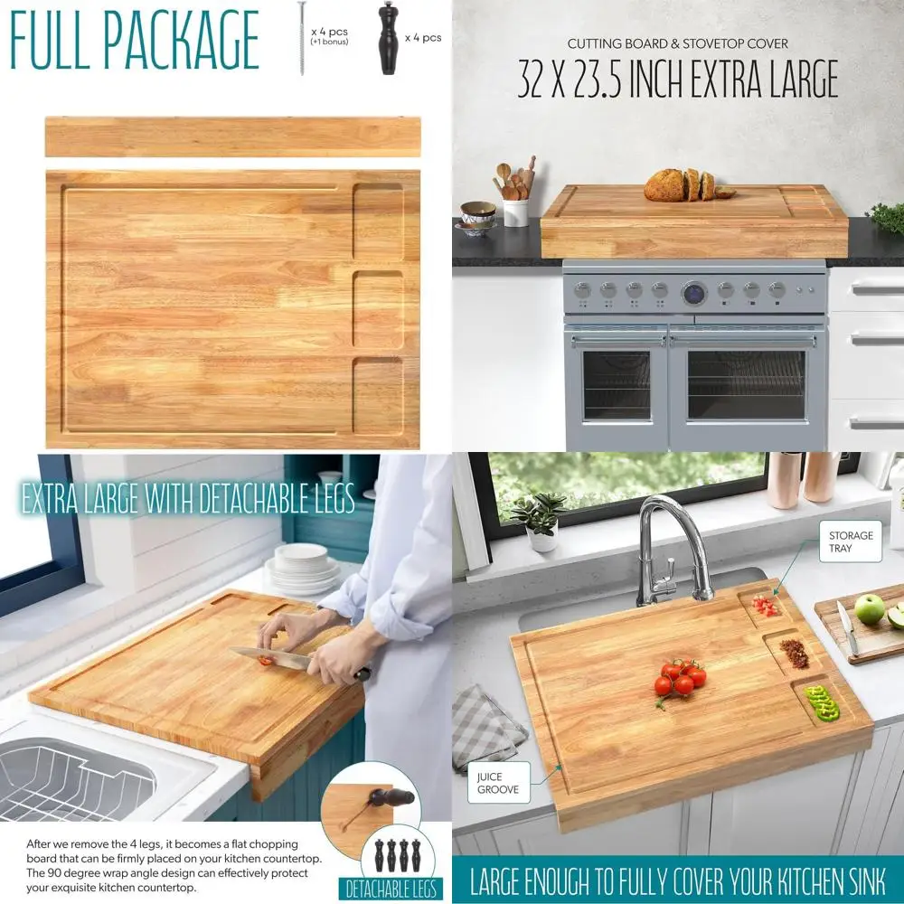 

Extra Large Wooden Cutting Board & Stovetop Cover, 2-in-1 Chopping Board with Legs and Juice Groove, Kitchen Countertop Sink Cov