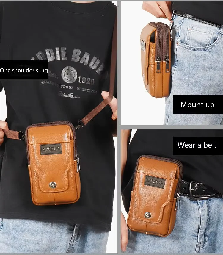 Herren-Umhängetasche aus echtem Leder, große Kapazität, Gürteltasche, Outdoor-Arbeits- und Reisetasche, Handyhalter, Schultergurt – Detail 3