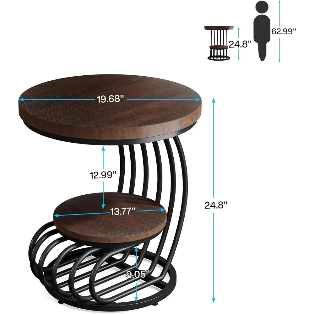 Round End Side Table: Side with 2 Tiers Storage Shelves, Vintage End Table for Living Room, Small Bedside Table Accent Table