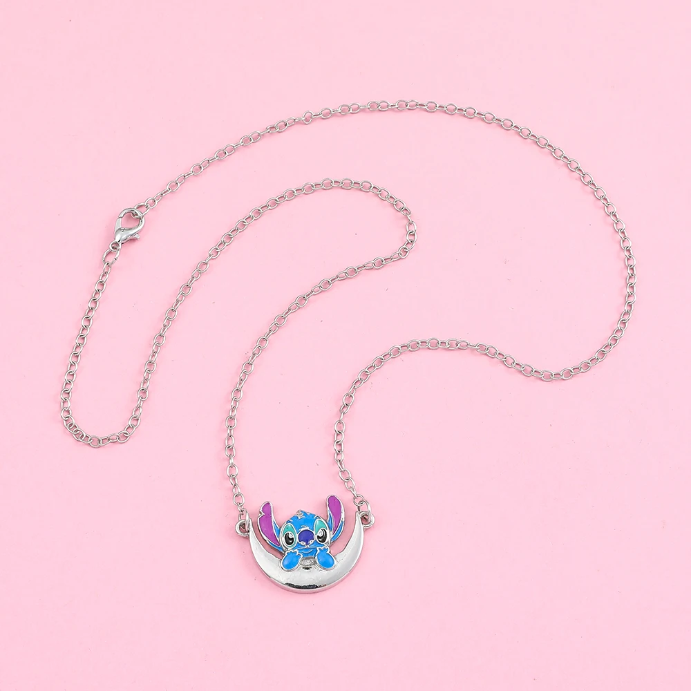 Disney Lilo & Stitch Necklace Kawaii Creative Moon Pendant Necklace Women Girls Birthday Party Jewelry Gift