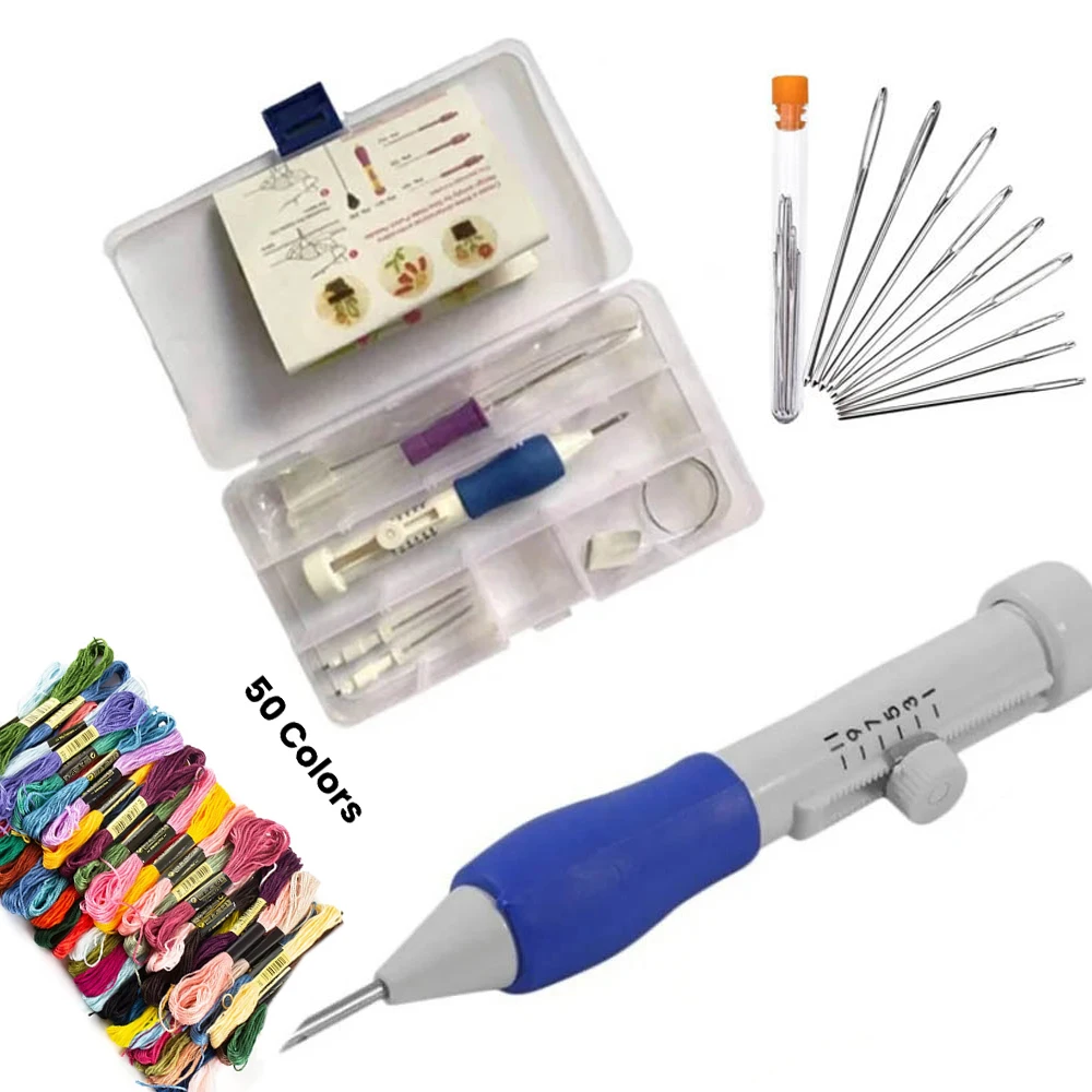 DIY Punch Needle Embroidery Kit with Storage Box, 50 Colors Thread, 9 Blunt Needles, Upgraded Embroidery Pen for Clothes Knittin