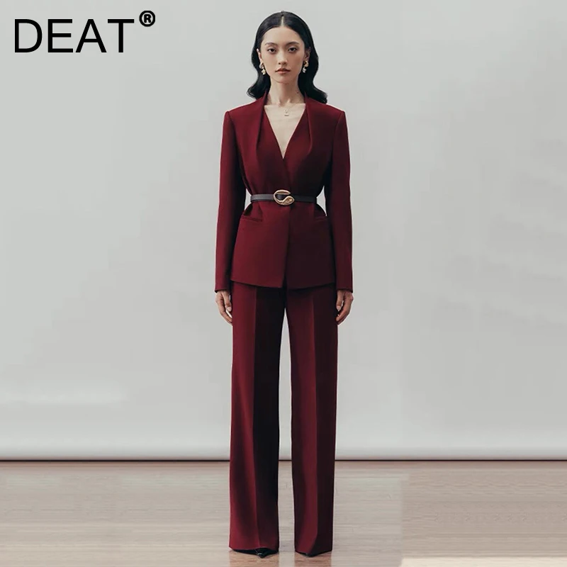 DEAT Women's Fashion 2 Pcs Set Belt V-neck Folds Big Pockets Blazer High Waist Zip Suit Pants Suit Spring 2025 New Tide 13DL1254