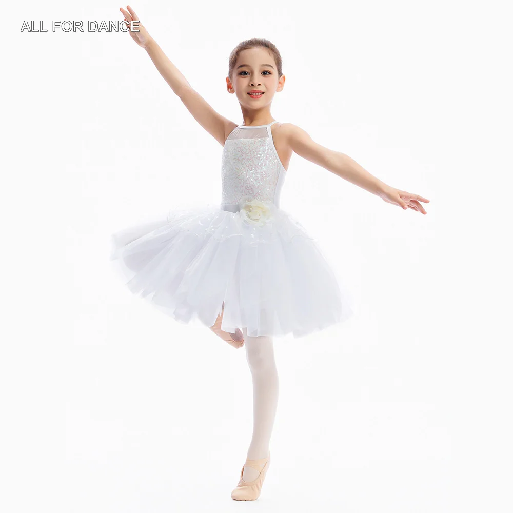 

C26025 Kids Ballet Tutu White Sequin Spandex Bodice with Layers Tulle Tutu Skirt Girls Stage Performance Ballet Costumes