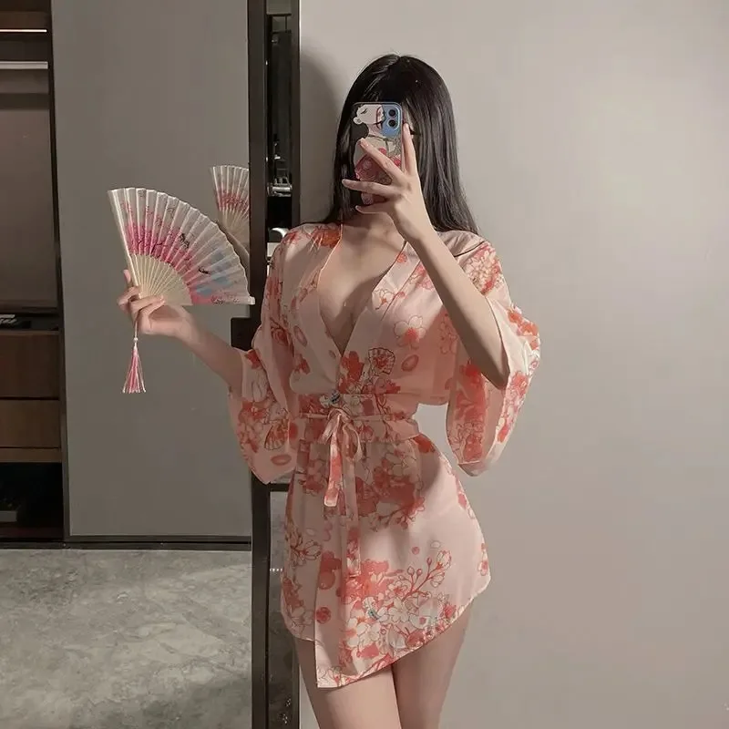 woman clothing Sexy Pink Bathrobes Kimono Uniform Tempting Adult Sexy Lingerie Short Dress Women pajamas erotic costume