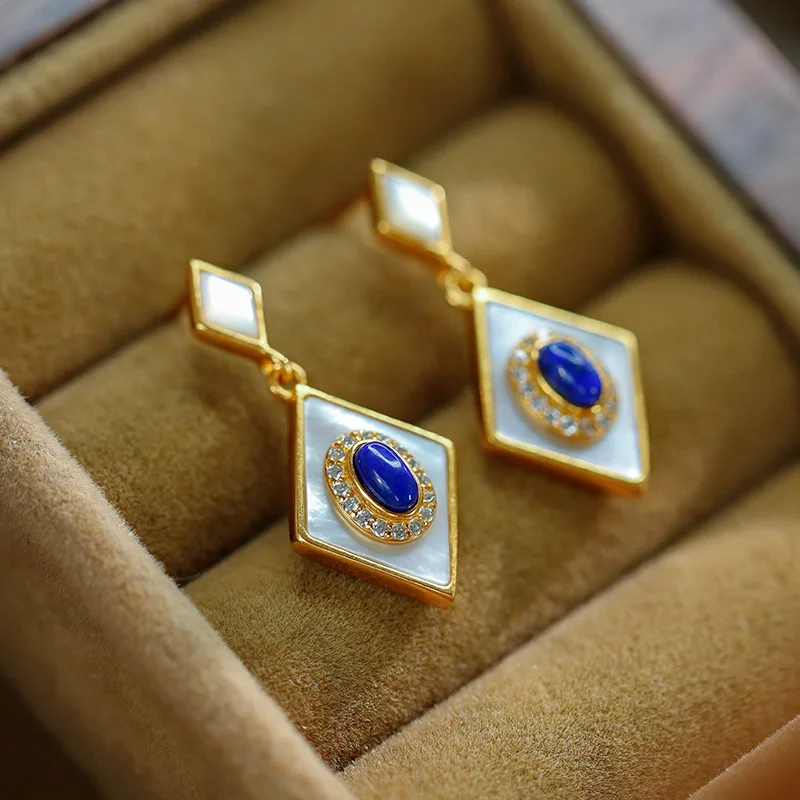 

S925 Серебро Лазурит Белая Ракушка Костюм Серьги Ожерелье Подвесной Светильник Роскошная Мода Новый Темперамент Элегантный Женский