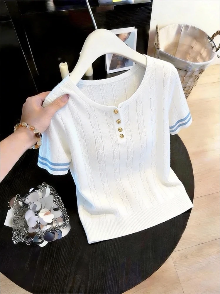 

Ladies Loose Fit Breathable Short Sleeve T-Shirt Korean Style Summer Comfortable Thin Top Skin-friendly Knitted Base Shirt
