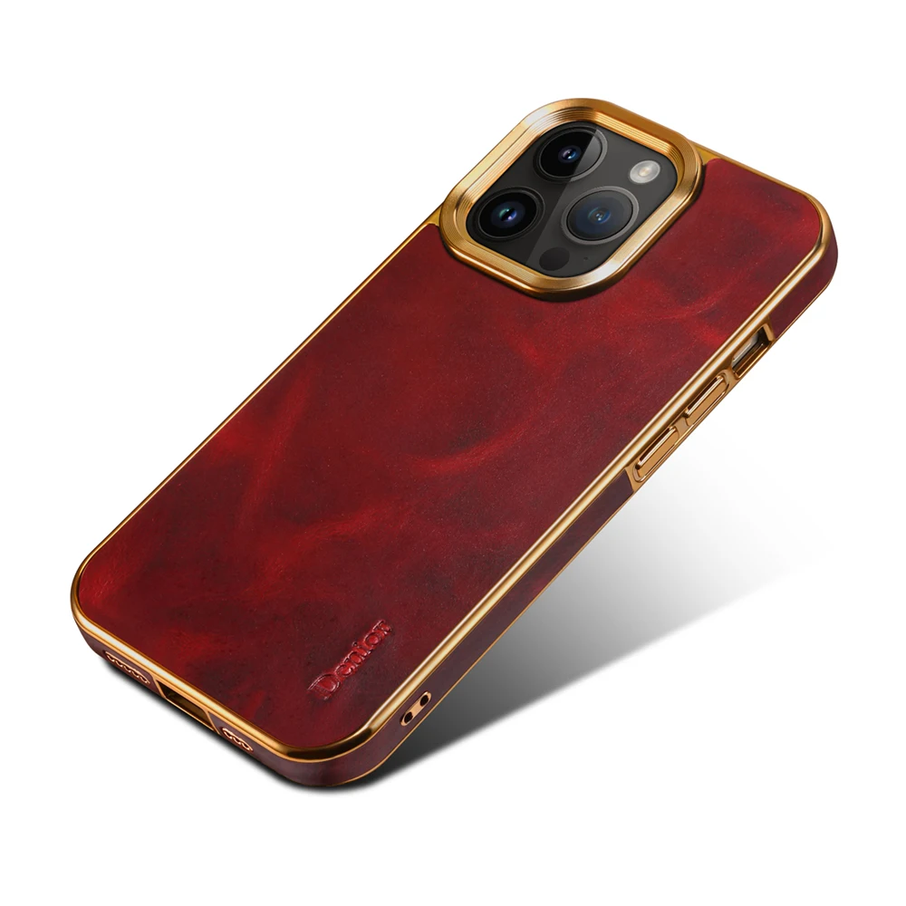 Retro Genuine Oil Wax Leather for iPhone 15 Pro Max 14 13 12 15Pro Case Vintage Matte Gloosy Electroplated Frame Armor Cover