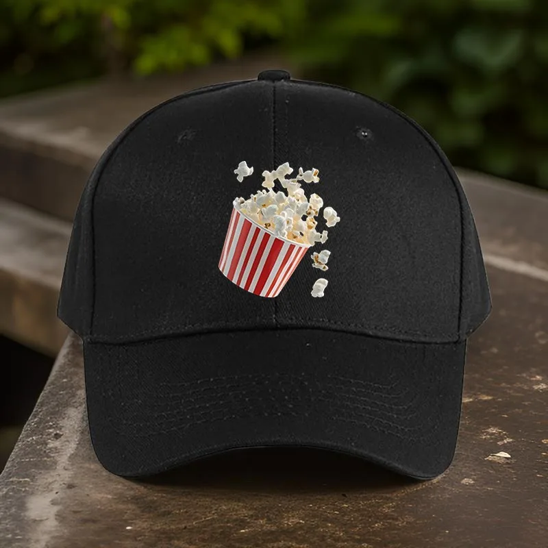 Adjustable Baseball Cap with Fun Popcorn Print – Black Casual Peaked Hat for Casual Attire Street Style and Outdoor Adventures