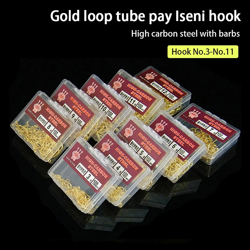 100pcs Box Gold Color With Ring Tube Pay Iseini Hooks Barbed High Carbon Steel Sea Fishing Hooks