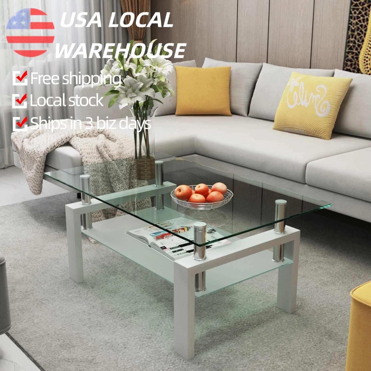 Mesa de centro retangular branca Mesa de centro de metal com perna de metal e tampo de vidro para área central do sofá