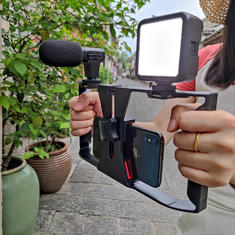 

NEW! LED Microphone Smartphone Video Rig Kit, Handheld Mobile Stabilizer Link, Phone Holder Frame Mount, iPhone Film Shooting