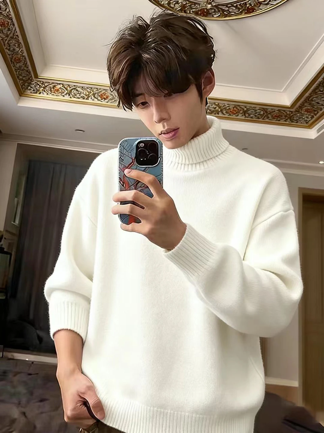 

White High Collar Sweater Men's Winter Lazy Sle Knitted irt American Retro Warm Woolen Yarn Can Be Worn outside Or inside