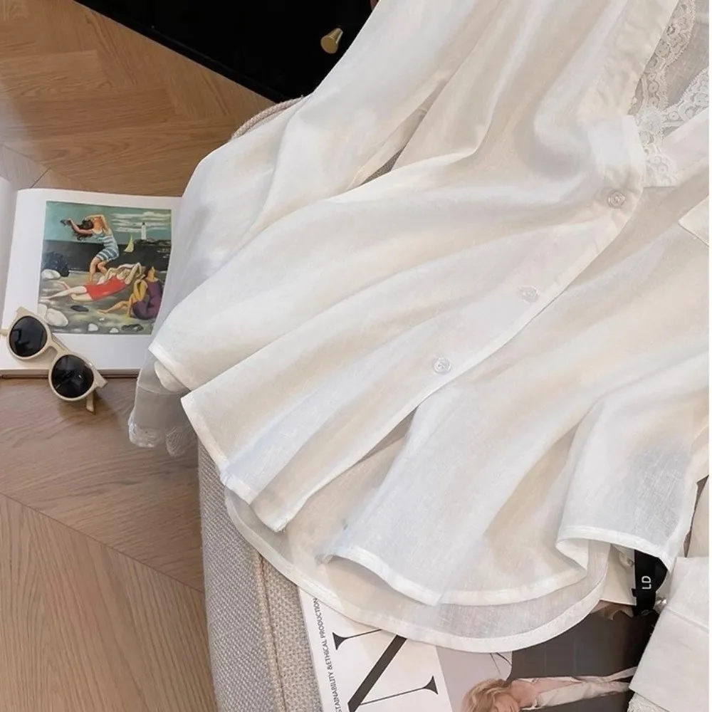 

Новая свободная женская рубашка, простой белый топ с эффектом двухслойности, кружевная блузка с длинным рукавом для женщин