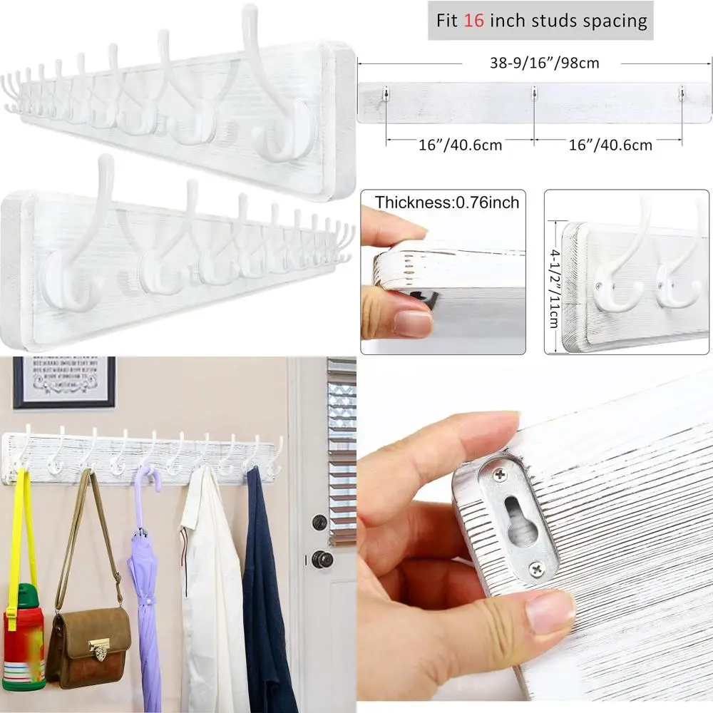 

Wall-Mounted Coat Rack with 10 Hooks, 38.94 Long, 16 Hole Spacing, Wooden, White, 2-Pack for Hanging Coats, Jackets, and Hats