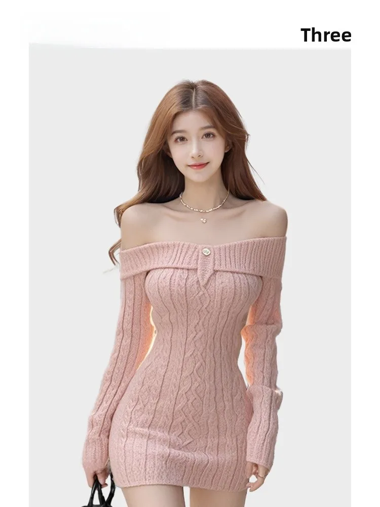 

HEZA розовое вязаное одно плечо Dr женское осенне-зимнее милое облегающее платье с застежкой на талии плюс размер для поездок на работу