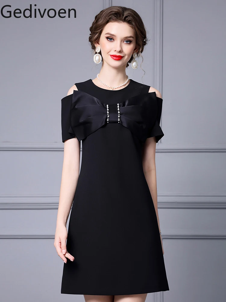 

Gedivoen Fashion Designe Summer Women's Mini Dresses O-Neck Collar Embroidered Flares Bow Knot Office Lady Style Dress