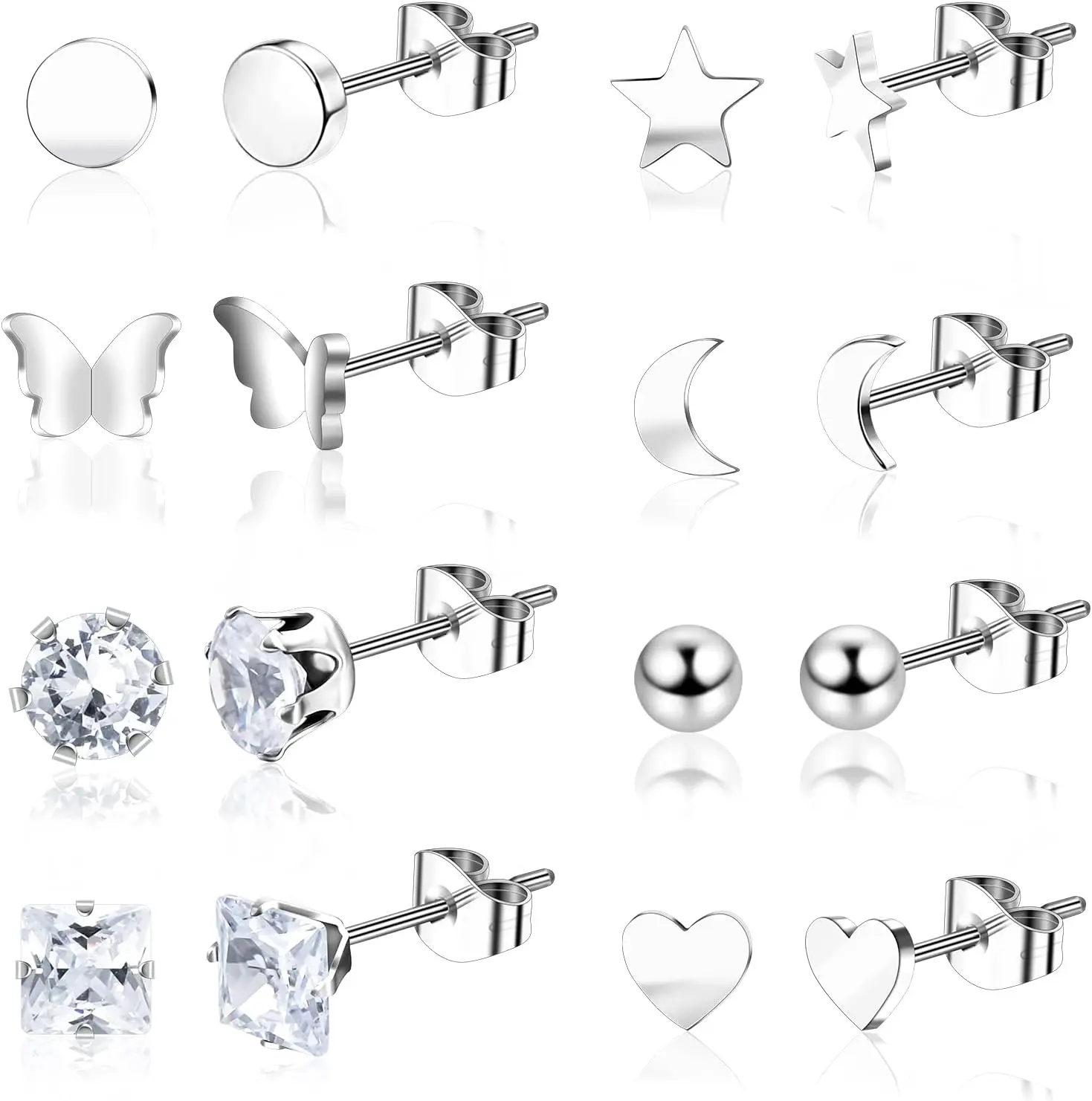 

8 Pairs Silver Stud Earrings for Women, Stainless Steel Stud Earrings for Women, Star Moon Ball Heart
