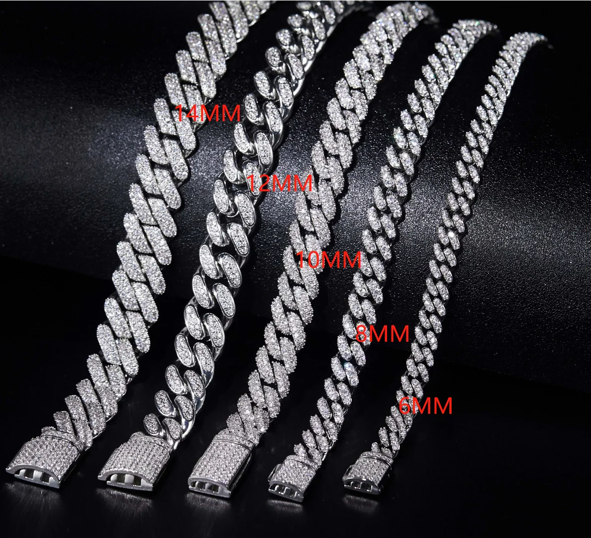 12mm 14mm Width S925 Silver Setting Iced Out Moissanite Diamond Cuban Link Chain Miami Hip Hop Bracelet For Men