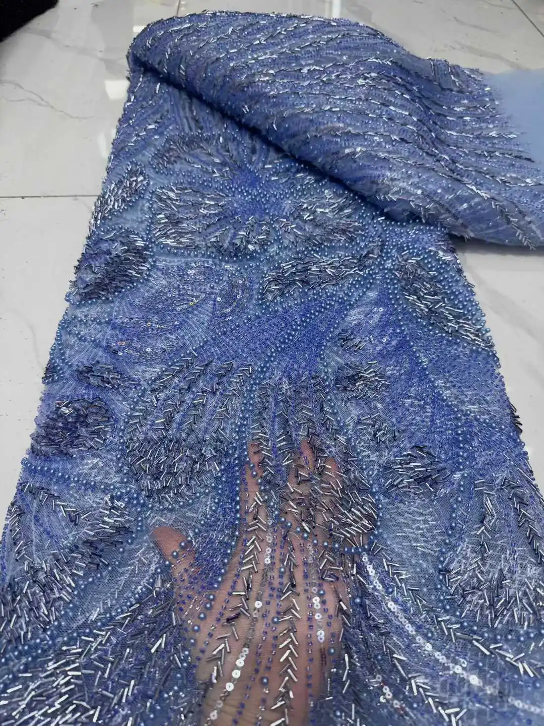

Nigerian French Crystal Beads Embroidered Mesh Lace High Quality African Sequins Tulle Lace Fabric Wedding Dress For Women
