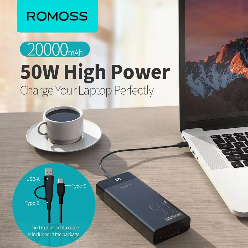 Romoss PPD20 20000mAh Power Bank 50W Fast Charging External Battery Portable Charger for Laptop iPhone iPad Samsung Xiaomi