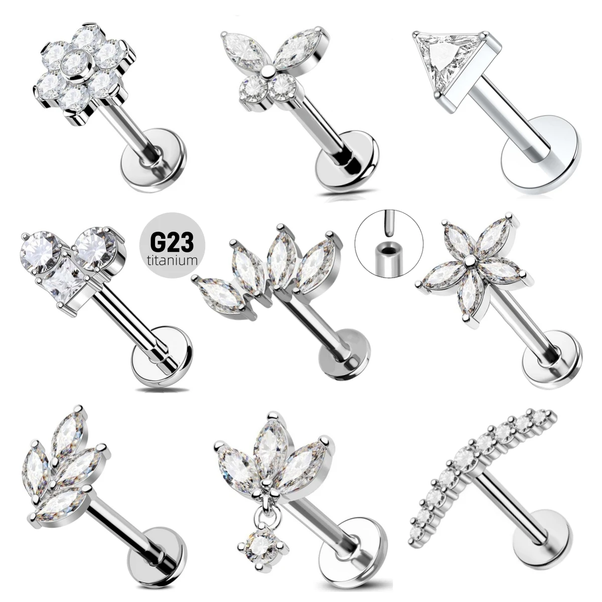 ASTM F136 زهرة التيتانيوم فراشة الخيوط ثقب القلب دبوس دفع في الشفاه مسمار Daith محارة القرط 16 جرام 18 جرام 20 جرام