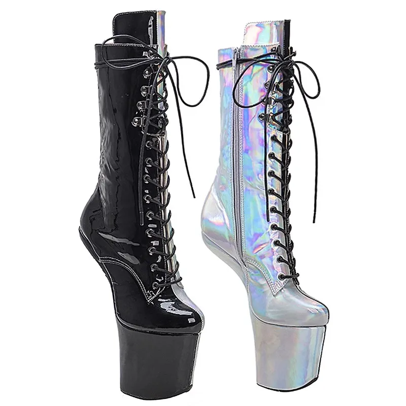 Auman Ale New shinny Black with silver PU Upper Platform Ankle Boots Sexy Exotic heelless pole dance shoes 025