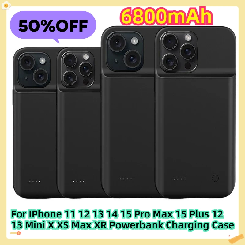 

For IPhone 11 12 13 14 15 Pro Max 15 Plus 12 13 Mini X XS Max XR Powerbank Charging Case 6800mAh