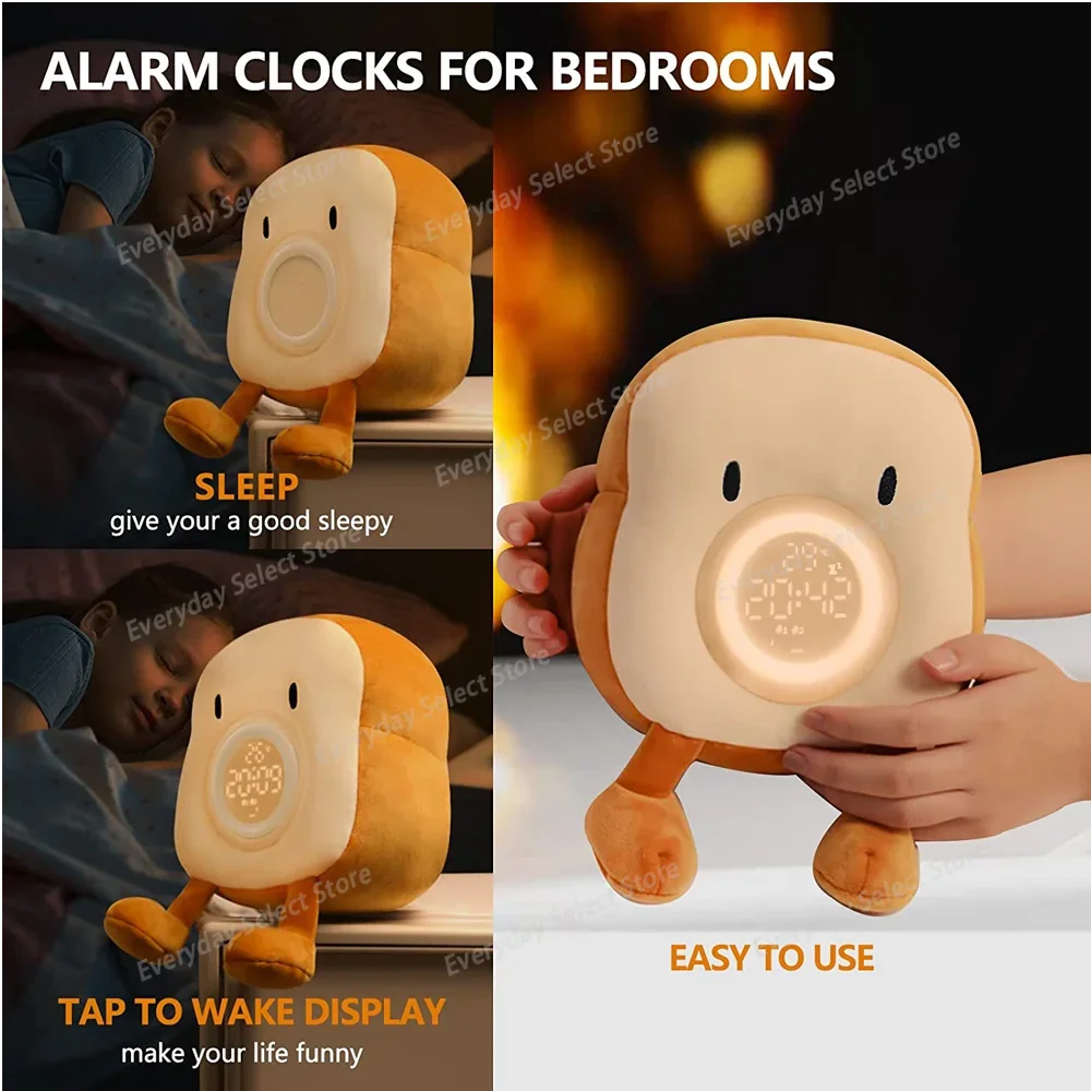 Toast‑Shaped Plush Digital Alarm Clock, Rechargeable Multi‑Function Night Light for Bedroom Student Desktop Decor