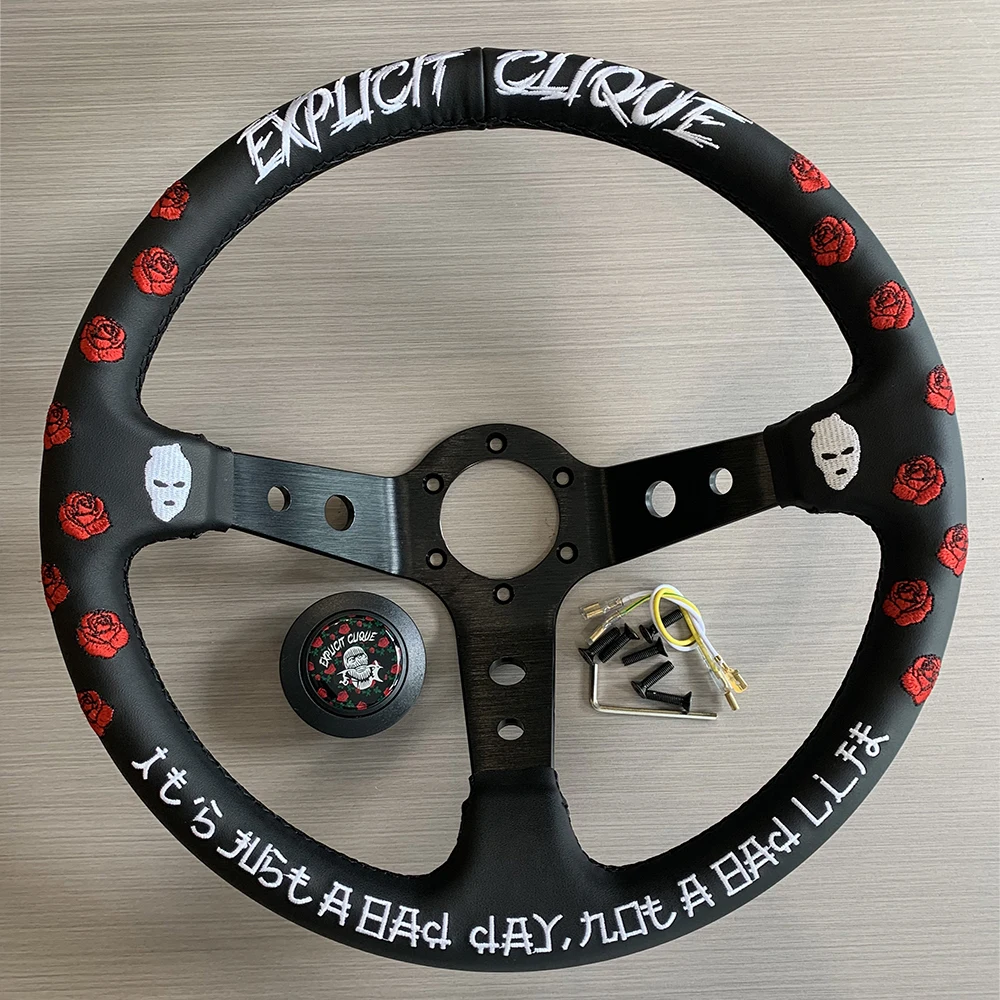 

TIYPEOR Black Microfiber leather steering wheel with red rose embroidery drift racing steering wheel